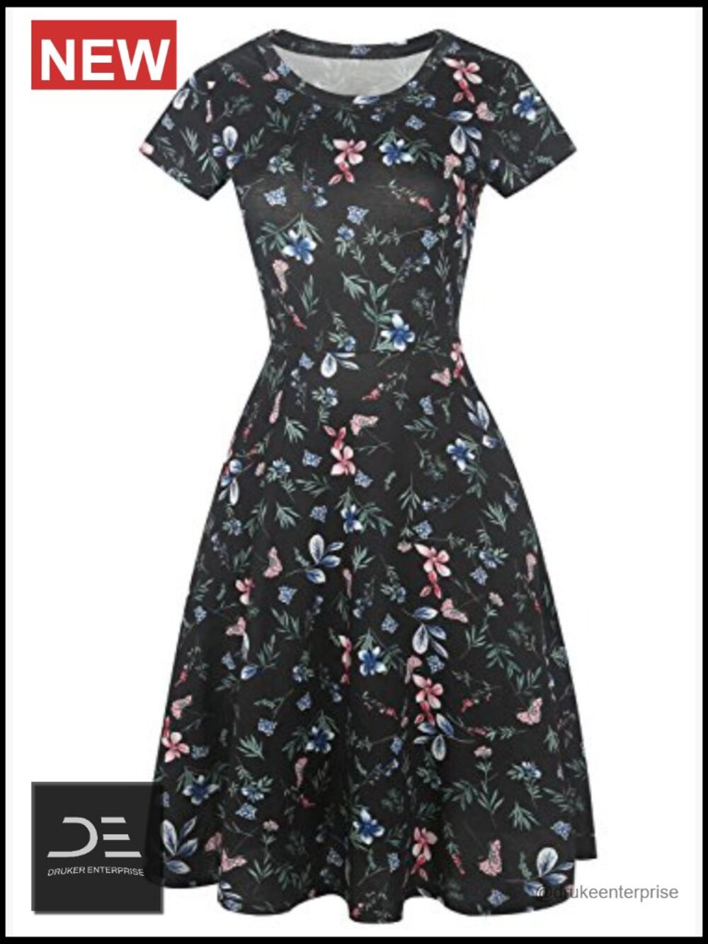 Vintage Floral A-Line Swing Dress with Pockets Knee Length Short Sleeve - Picture 3 of 7